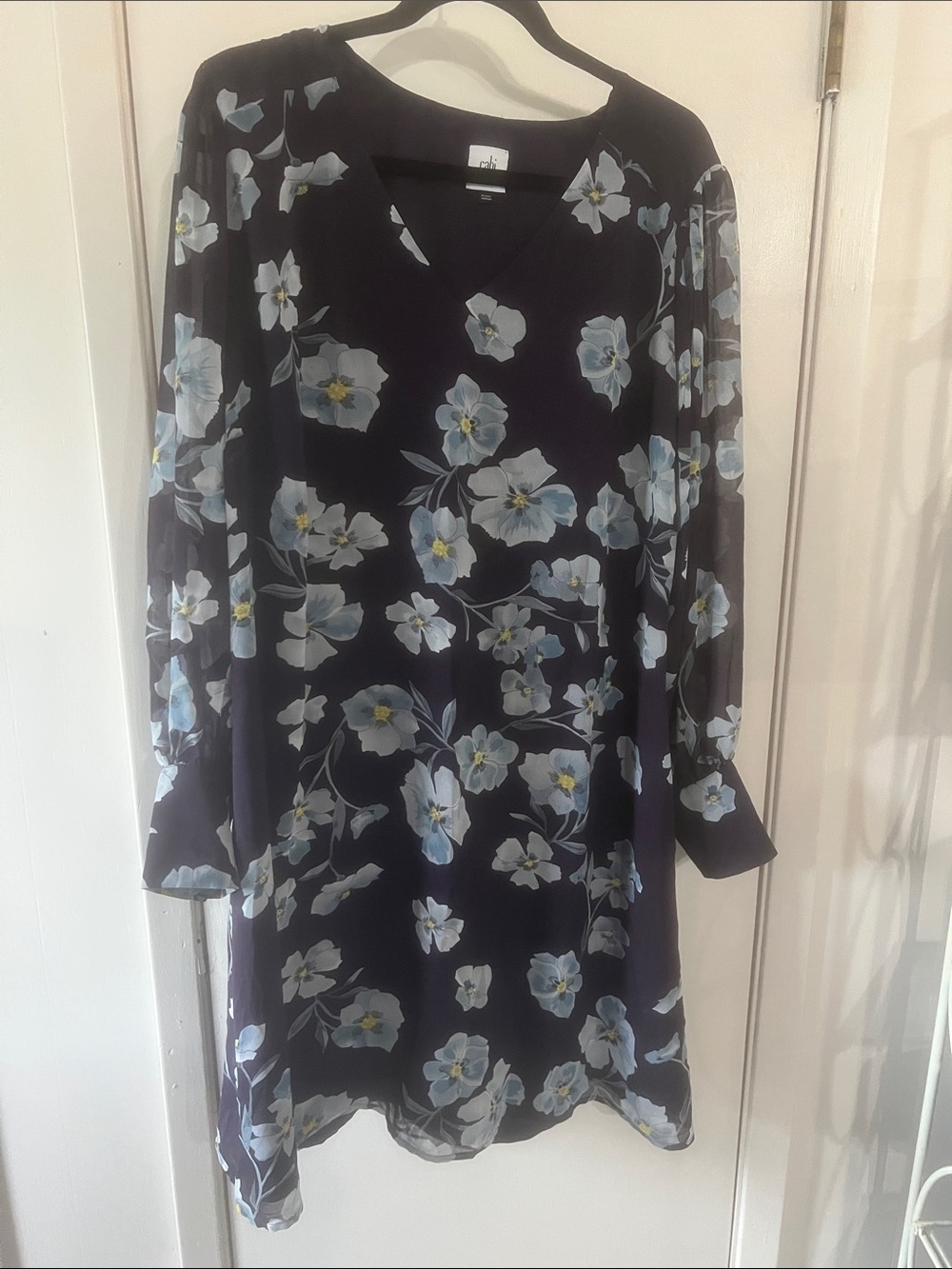 CAbi Dark Purple Floral V-Neck Long-Sleeve Tunic Dress